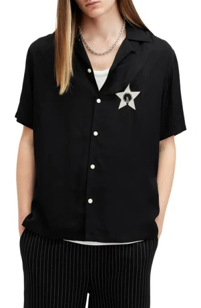 Allsaints Wish Print Embroidered Graphic Camp Shirt In Jet Black