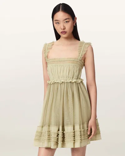 Allsaints Womens Haze Green Angela Ruffle-trim Woven Mini Dress In Neutral