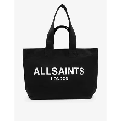 Allsaints Womens Black Ali Logo-print Cotton-canvas Tote Bag