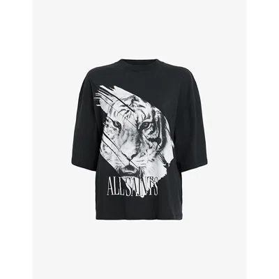 Allsaints Womens Black Amelie Graphic-print Relaxed-fit Cotton T-shirt