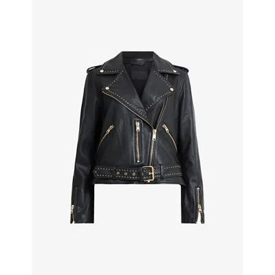 Allsaints Womens Black Balfern Stud-embellished Belted-hem Leather Jacket