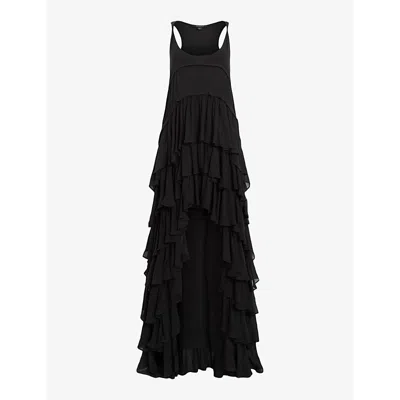 ALLSAINTS WOMENS BLACK CAVARLY TIERED-HEM RUFFLE WOVEN MAXI DRESS