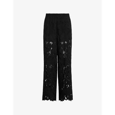 Allsaints Womens Black Charli Lace-embroidered Elasticated-waist Woven Trousers