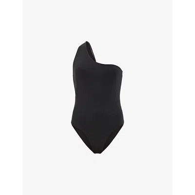 Allsaints Womens Black Correl One-shoulder Stretch-woven Swimsuit