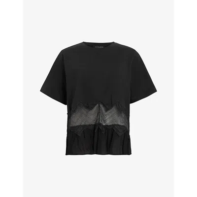 Allsaints Womens Black Gracie Lace-embroidered Relaxed-fit Organic-cotton T-shirt
