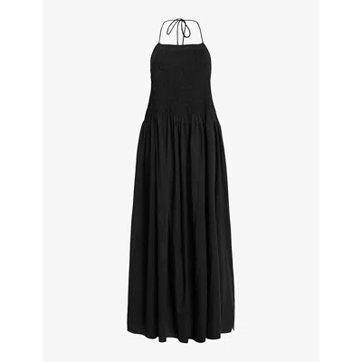 Allsaints Womens Black Iris Shirred Cotton Midi Dress
