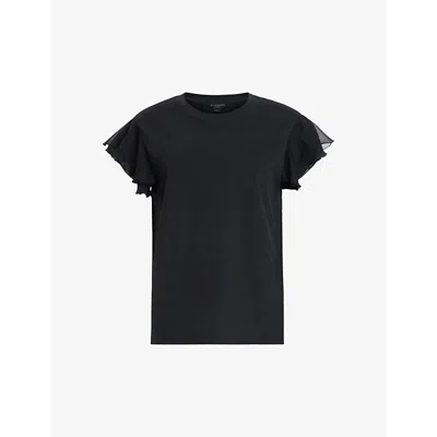 Allsaints Womens Black Isabel Frill-sleeve Organic-cotton T-shirt