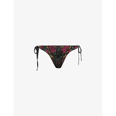 Allsaints Womens Black Jamilia Floral-embroidered Side-tie Stretch-woven Bikini Bottoms