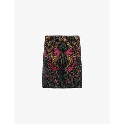 Allsaints Womens Black Jamilia Sequin-embroidered Butterfly Woven Mini Skirt