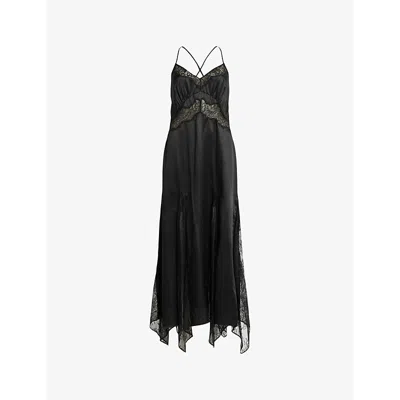 Allsaints Womens Black Jasmine Lace-embroidered Asymmetric-hem Woven Midi Dress