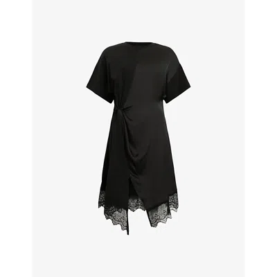 Allsaints Lana Lace-trimmed Knot-detail Mini Dress In Black