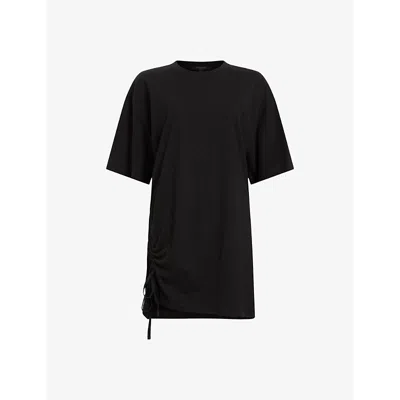 Allsaints Womens Black Naenia Short-sleeve Drawcord Organic-cotton Mini Dress