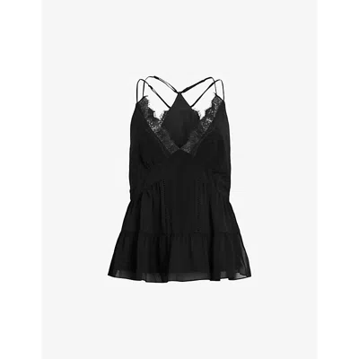Allsaints Womens Black Rowen Lace-embroidered Relaxed-fit Woven Cami Top