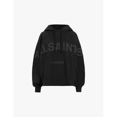 Allsaints Womens Black Talon Graphic-print Relaxed-fit Organic-cotton Hoody In Black