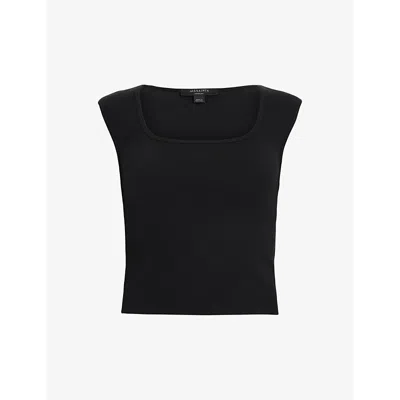 Allsaints Womens Black Tamie Square-neck Ribbed Stretch-woven Tank