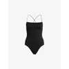Allsaints Womens Black Tilly Square-neck Shirred Recycled-polyester Bodysuit In Black