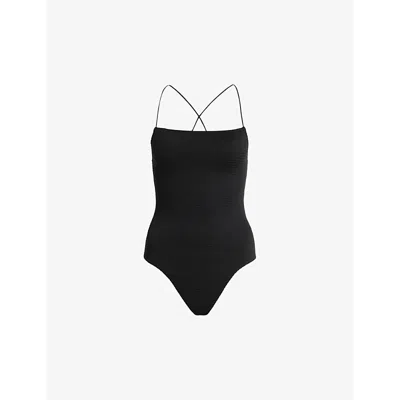 Allsaints Womens Black Tilly Square-neck Shirred Recycled-polyester Bodysuit