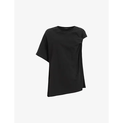 Allsaints Womens Black Twist One-sleeve Cotton-jersey T-shirt