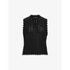 Allsaints Womens Black Vivian V-neck Open-knit Stretch-wool-blend Tank