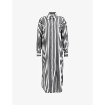 Allsaints Ani Stripe-print Relaxed-fit Organic-cotton Maxi Shirt Dress In Black/chalk