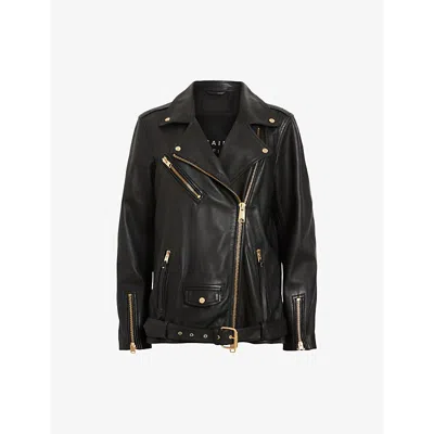 Allsaints Billie Oversized Leather Jacket In Black/gold