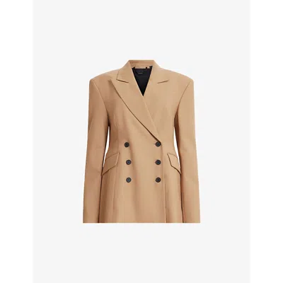 Allsaints Womens Camel Brown Sevenh Peak-lapel Double-breasted Woven Blazer