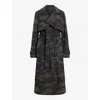 Allsaints Mixie Tie Waist Double Breasted Camo Trench Coat In Camo Brown
