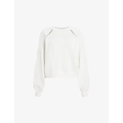 Allsaints Womens Chalk White Ewelina Ladder-trim Relaxed-fit Organic-cotton Sweatshirt