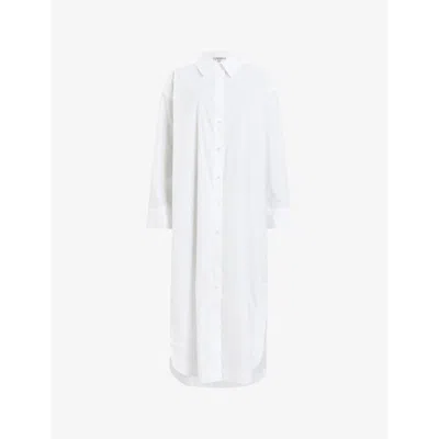 Allsaints Womens Chalk White Imogen Relaxed-fit Long-sleeve Organic-cotton Maxi Shirt Dress