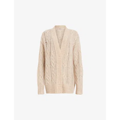 Allsaints Womens Ecru White Regan Relaxed-fit Cable-knit Mohair-blend Cardigan