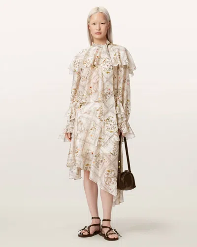 Allsaints Heba Floral Organza Linen Blend Midi Skirt In White