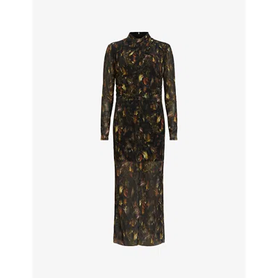 Allsaints Womens Kateri Hazel B Tia Graphic-print Long-sleeve Stretch-mesh Midi Dress In Charm Black