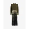 Allsaints Curtis Knitted Jumper And Ombre Recycled-polyester Midi Dress In Khaki Green