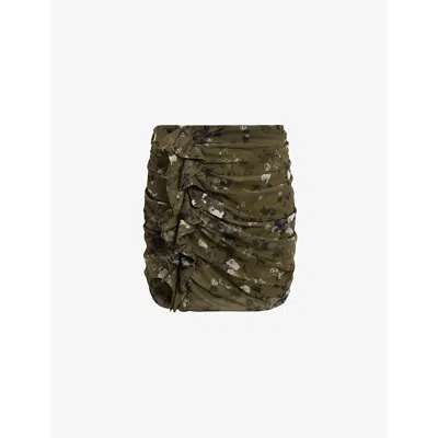 Allsaints Womens Khaki Green Gloria Floral-print Stretch-woven Mini Skirt