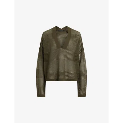 Allsaints Womens Khaki Green Misha V-neck Short-sleeve Knitted Jumper In 绿色