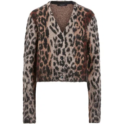 ALLSAINTS WOMENS LEOPARD BROWN LEX LEOPARD-PRINT LONG-SLEEVE KNITTED CARDIGAN