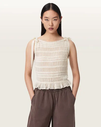 Allsaints Lotus Shirred Boat Neck Top In White