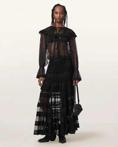 Allsaints Women's Maggie Tiered Lace Maxi Skirt In Black