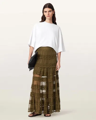Allsaints Women's Maggie Tiered Lace Maxi Skirt In Green