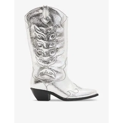 ALLSAINTS ALLSAINTS WOMEN'S METALLIC SILVE DOLLY STITCHWORK HEELED LEATHER WESTERN BOOTS