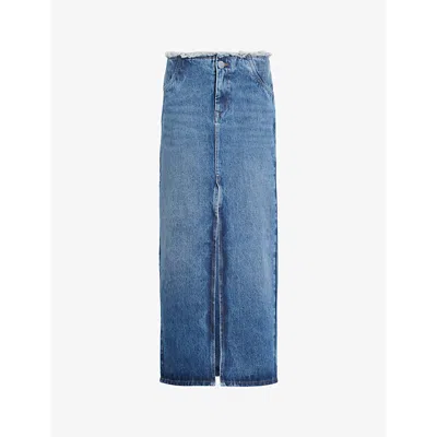 Allsaints Womens Mid Indigo Cyra Frayed-waist High-rise Denim Maxi Skirt