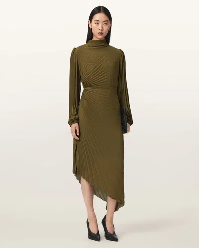 Allsaints Milena Asymmetric Pleated Midi Dress In Green