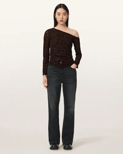 Allsaints Mimi Off-the-shoulder Leopard Mesh Top In Brown
