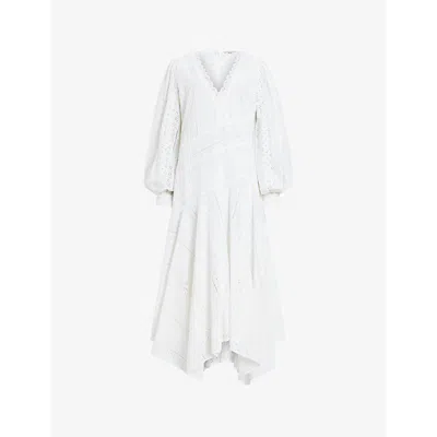 ALLSAINTS WOMENS OFF WHITE AVIANA BRODERIE-ANGLAISE COTTON MIDI DRESS