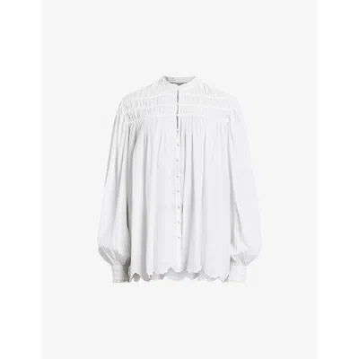 Allsaints Womens Off White Etti Scalloped-hem Relaxed-fit Organic-cotton Shirt