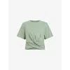 Allsaints Womens Oil Green Mallinson Cross-over Cropped Cotton T-shirt