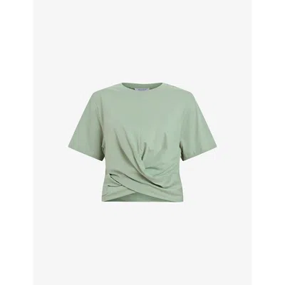 Allsaints Womens Oil Green Mallinson Cross-over Cropped Cotton T-shirt