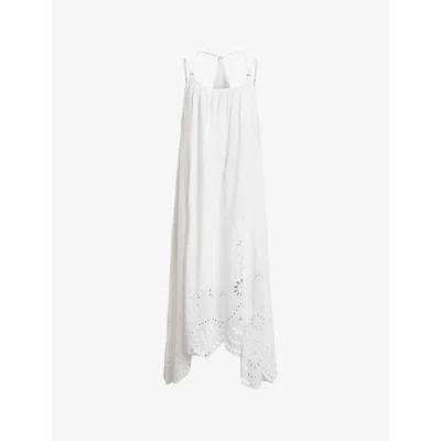 Allsaints Womens Optic White Areena Relaxed-fit Embroidered Organic-cotton Midi Dress