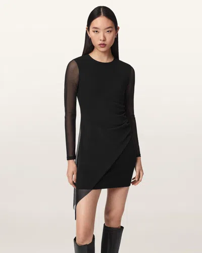 Allsaints Riley Mesh Overlay Mini Dress In Black
