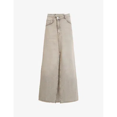 Allsaints Womens Sand Grey Noir Crossover-waist High-rise Denim Maxi Skirt